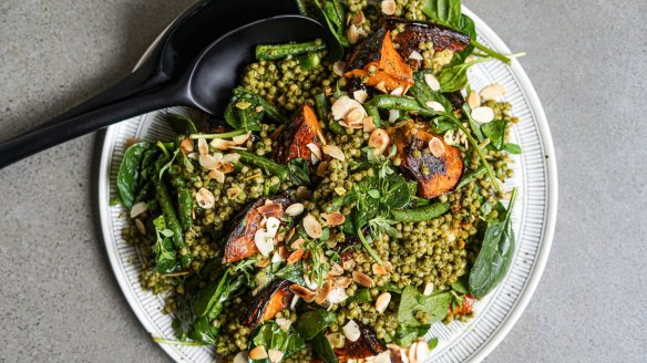 Pumpkin and pesto pearl cous cous salad.