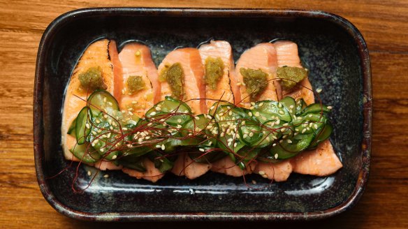 Aburi salmon, jalapeno and pickled cucumber.