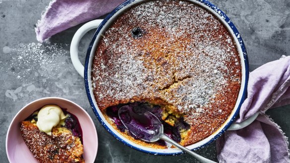 Blueberry pudding with a vanilla sponge top.