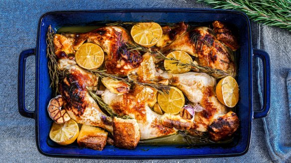 One-pan wonder: Roast chicken marylands and haloumi cheese with added fresh honeycomb (if you're feeling extra).