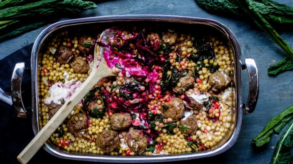 One-tray wonder: Lamb meatballs with moghrabieh.