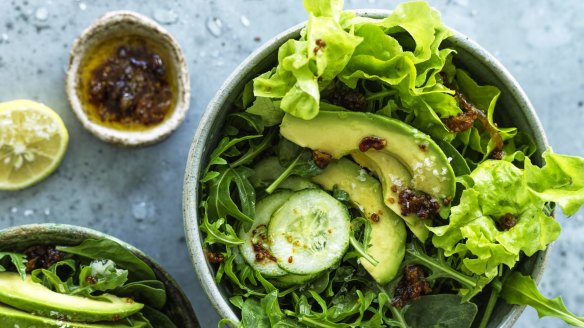 Adam's 'Good green salad' with fried-onion vinaigrette (