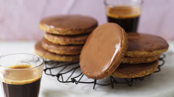 Choc-dipped digestive biscuits.