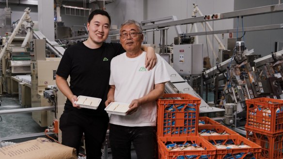 Evergreen's Kerry Zhang and dad David at their Bankstown factory.