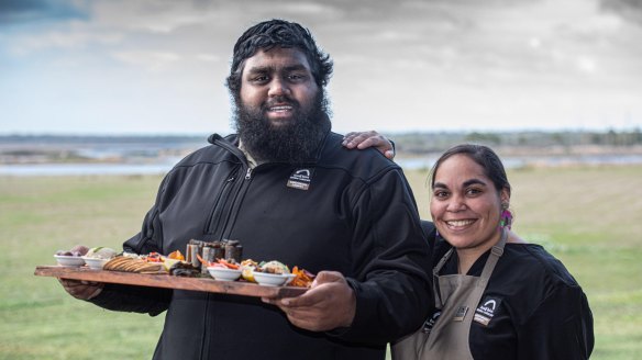 Gunditjmara man and Tae Rak tour guide Braydon Saunders with colleague Marley Morgan at the new eel centre and cafe.