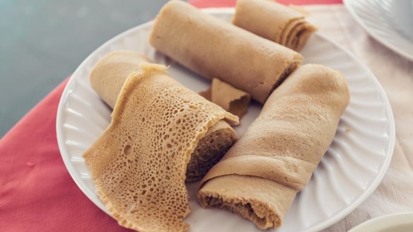 Injera, made from fermented batter made from teff.