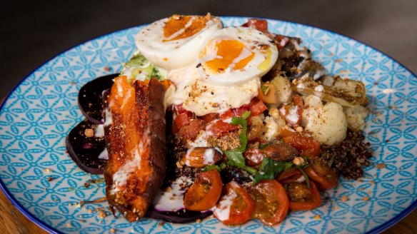 The vegie bowl with red quinoa, dukkah, cauliflower, eggplant and sweet potato.