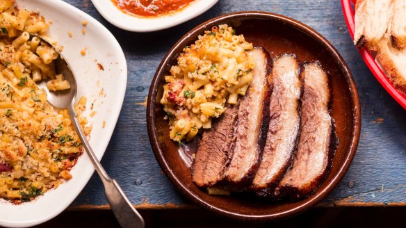 The heat is on: Frank Camorra's barbecued beef brisket with mac and cheese. 