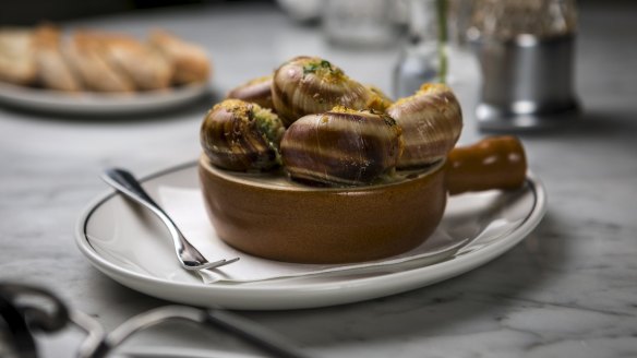 Escargots in a garlic and Pernod butter sauce at Bar Margaux in the city.