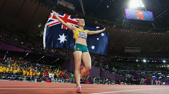 Australia's Sally Pearson celebrates after winning the gold medal in the women's 100m hurdles final at the London 2012 Olympic Games.