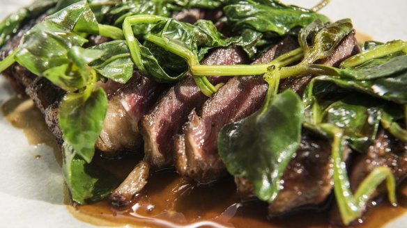 Scotch fillet with spinach and warrigal greens.