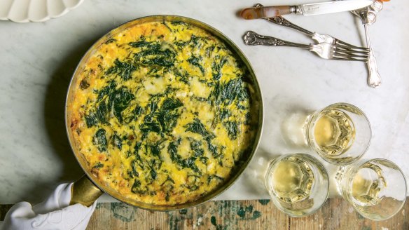 Blissfully cheesy: Spinach, mint and melted cheese Syrian frittata.
