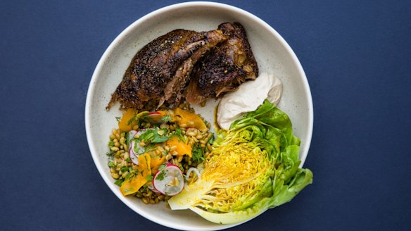 Roast lamb shoulder with za'atar and tahini yoghurt. 