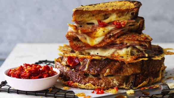 Ham and four-cheese toasted sandwiches with parmesan crusts (chilli optional).