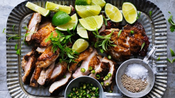 Neil Perry's chicken with salt, pepper, lime and bird's eye chilli recipe.