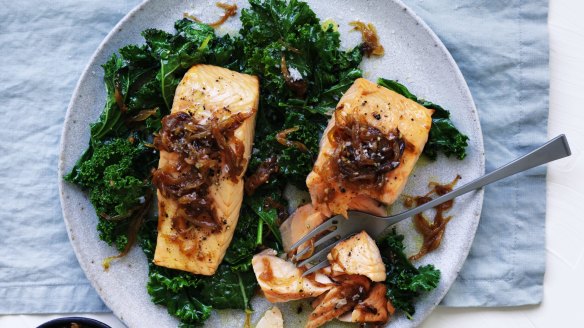 Adam Liaw's fish in a flash (with panache): Salmon fillets with caramelised onion and wilted greens.
