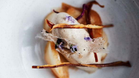 Grilled pear, pear-skin twigs and truffle ice-cream. 