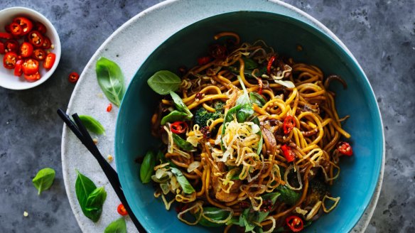 Chicken and broccoli hokkien noodles.