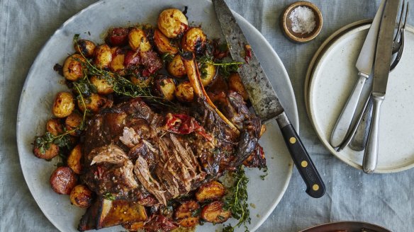 Mediterranean-inspired braised lamb shoulder with potatoes.