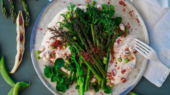 Cod roe dip with fresh and charred greens.