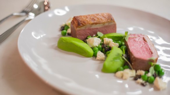 Allium's Milly Hill lamb loin with pea, mint and Persian fetta.