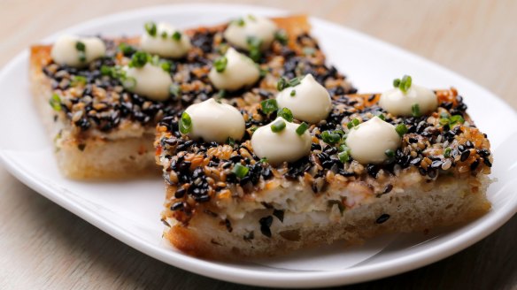 Flavour bomb: Prawn toast with truffled yuzu mayo.