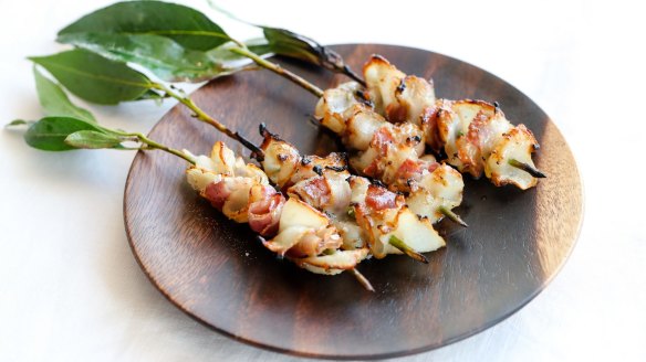 Barbecued black-lip abalone skewers with pancetta at Mimi's.