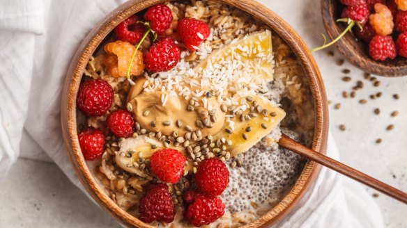 TikTokers are sharing highly styled porridge bowls with toppings such as chia seeds, berries, peanut butter and hemp seeds (pictured).