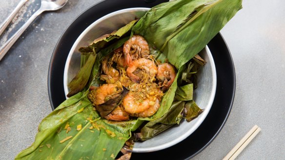 SYDNEY, AUSTRALIA - APRIL 17:  Ab Goong grilled school prawns with fermented fish sauce and chill wrapped in banana leaf from Chum Tang?$8 at The District at Chatswood Interchange on April 17, 2015 in Sydney, Australia.  (Photo by Anna Kucera/Fairfax Media)