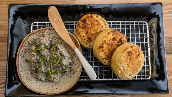 Letting the produce do the talking: Sardine pate on crumpets.