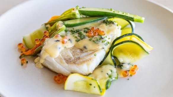 Wood-fired snapper, beurre blanc and zucchini flower.