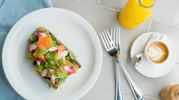 The poached eggs with pureed spinach and gravlax at the Butcher and the Farmer - which is part of the new Tramsheds Harold Park development.