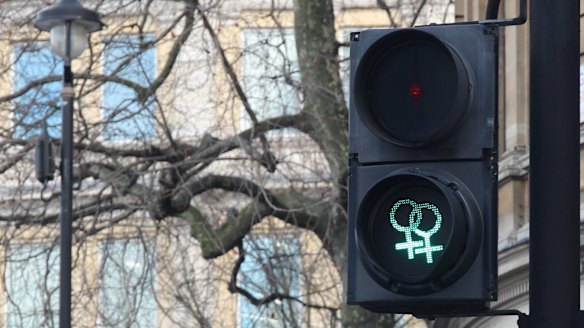 One of the LGBTI pedestrian lights at Trafalgar Square, London. 