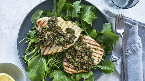 Grilled swordfish with olive tapenade and rocket.
