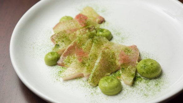 Cobia sashimi, pickled ginger and avocado.