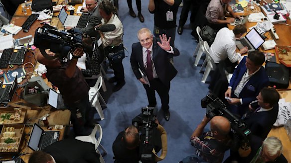 Treasurer Scott Morrison looks up to the cameras after delivering his third budget.