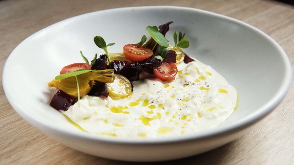 Stracciatella with tomatoes and beetroot at Kindred in Darlinghurst.