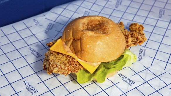 The schnitty sandwich, filled with panko-crumbed chicken, lettuce and cheese on an olive oil bun.
