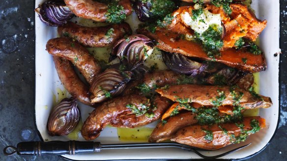 All-in-one dinner: Adam Liaw's baked sweet potato and sausage traybake.