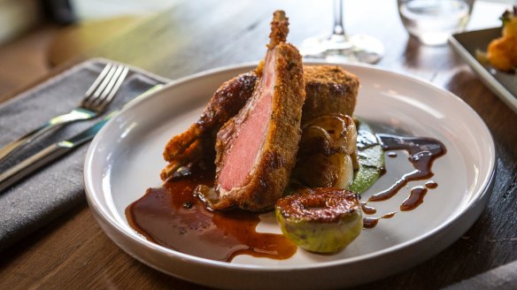 Parmesan-crumbed lamb rack with fig.