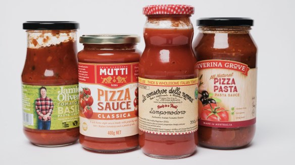 Sauces from left: Jamie Oliver; Mutti; Le Conserve Della Nonna; Riverina Grove.