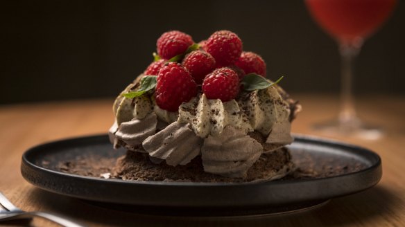 Chocolate wattleseed pavlova.