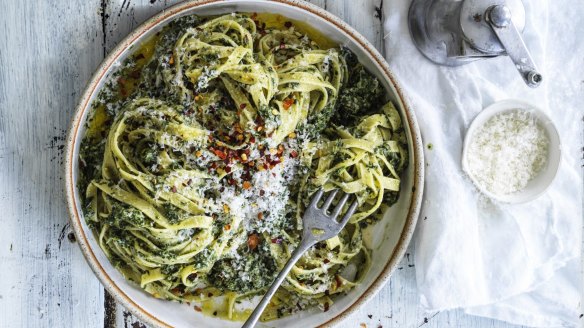 
Keep spinach in the freezer for stand-by meals like this spinach and walnut pesto pasta.