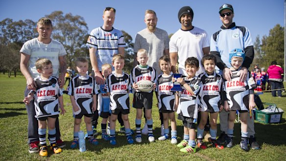The sons of Canberra Raiders players Sia Soliola (Israel) and Blake Austin (Carter) are playing for Belconnen United Sharks under-6 team.
