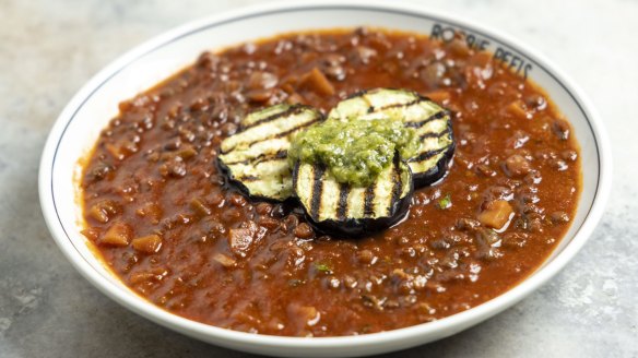 Braised puy lentils with eggplant.