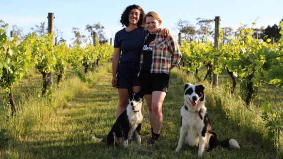 Joans of Marc foudners Alysha Moscatt and Lucy Kendall with their dogs Oli and Winnie in West Gippsland.