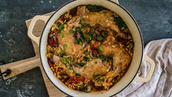 Any small pasta works in this harissa chicken dish (