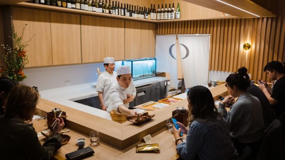 Kuon's elegant, blond-wood counter seats nine.