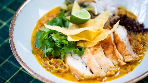 Chiang Mai-style curried chicken and crispy noodles at Atomic Beer Project.