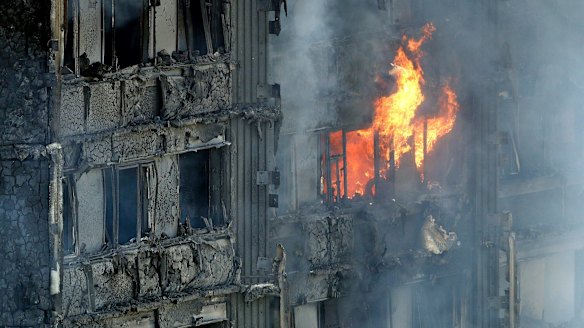 The burning Grenfell Tower in London.
